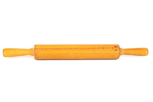 Wooden rolling pin isolated on white background laying horizontally with shadow.