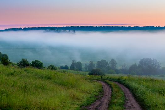 dry summer dirt road at misty morning outdoors.