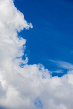 White cloud and blue sky at daylight. Close shot wit telephoto lens and polarizing filter with minimalistic composition.