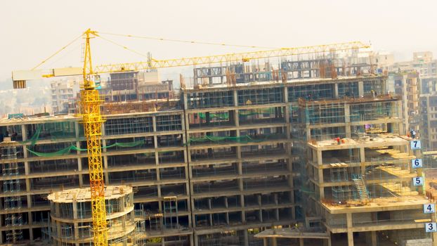 Kota, Rajasthan, India,- March 2020 : Drone Shot taken of an under construction buildings in Kota