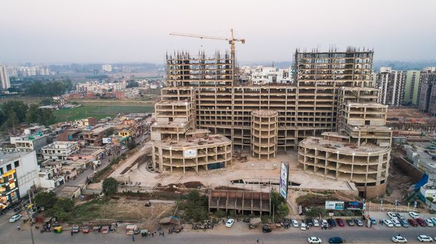 Kota, Rajasthan, India,- March 2020 : Drone Shot taken of an under construction buildings in Kota