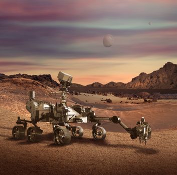 Illustration of Perseverance rover exploring the Planet Mars rocky landscape. Some elements furnished by NASA.
