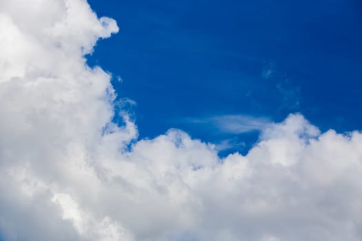 White cloud and blue sky at daylight. Close shot wit telephoto lens and polarizing filter with minimalistic composition.