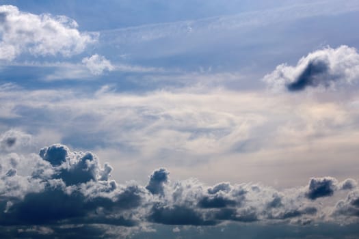 distant mixed cumulus and feather clouds near horizon closeup telephoto shot with polarizing effect