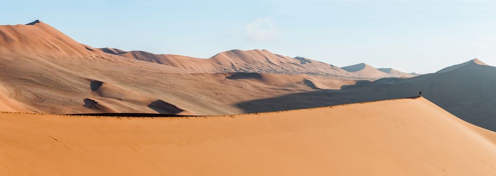 Panoramic view from the sickle shaped sand dune next to Sossusvlei towards the north-east. Sand dunes and a tourist are visible