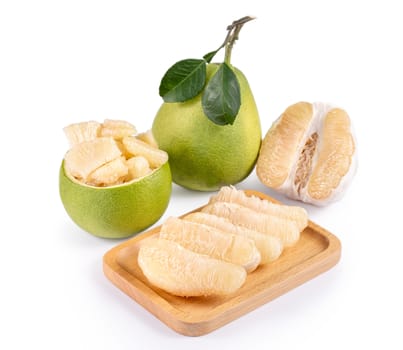 Fresh pomelo, pummelo, grapefruit, shaddock isolated on white background, close up, cut out, clipping path. Fruit for Mid-autumn festival.