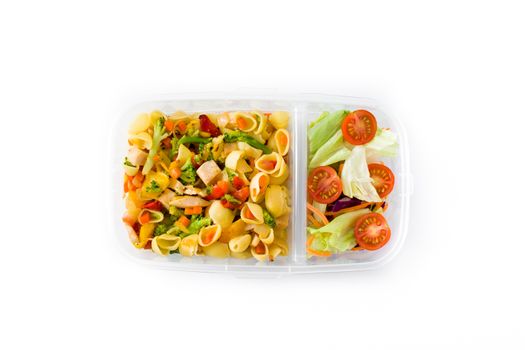 Lunch box with healthy food ready to eat. Pasta salad isolated on white background. Top view