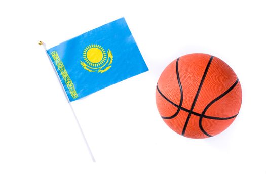 Kazakh flag and basketball isolated on white background.