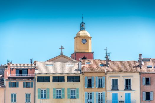 Notre-Dame-de-l'Assomption church of Saint-Tropez on blue sky in France