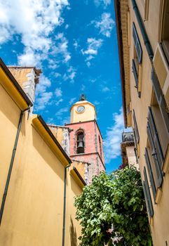 Notre-Dame-de-l'Assomption church of Saint-Tropez on blue sky in France