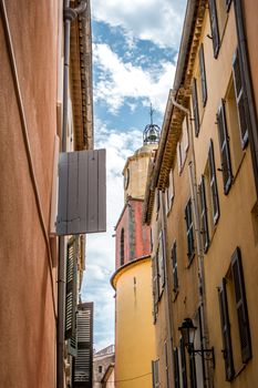 Notre-Dame-de-l'Assomption church of Saint-Tropez on blue sky in France