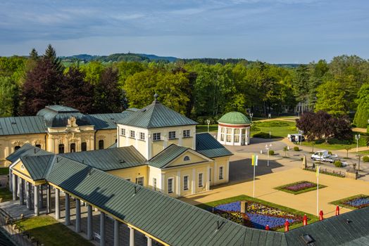 Frantisek Pavilion which houses Frantisek mineral spring and other spa and colonnade buildings from above are the most famous structures in Frantiskovy Lazne Spa town in the North Czech Republic. 