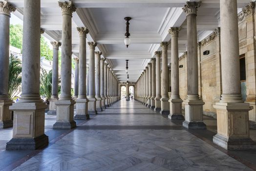 Mill colonnade (Mlynska kolonada) in Karlovy Vary spa houses various hot springs, Czech Republic