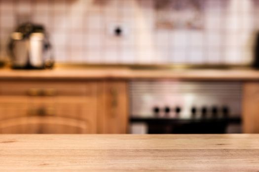 Empty wooden from view and rustic kitchen and blur background. Copyspace.