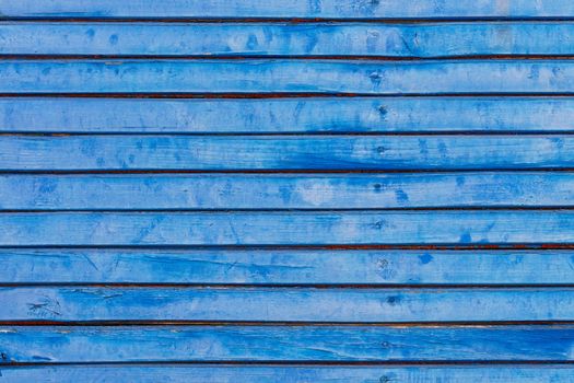 Fence from an old lining board clapboard covered with blue paint with a weathered cracked surface.