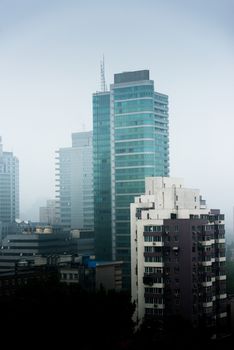 Heavy Smog in Beijing aerial photo with large buildings