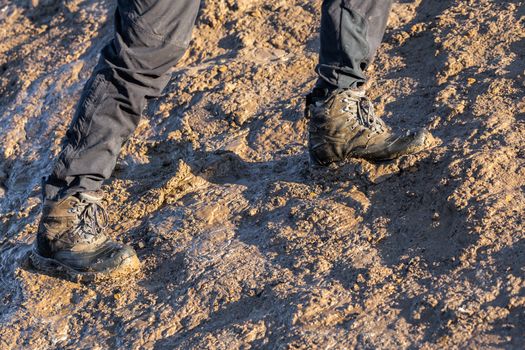 legs in gray pants and trek boots hiking upwards on muddy hill at evening sunlight.