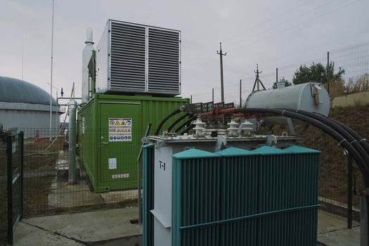 Industrial transformer at the plant. An electrical substation.