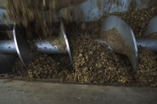 The mill's shkek screw picks up the sawdust for their subsequent transportation to the container.