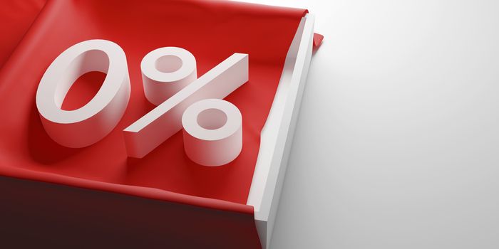 Zero percent or 0% on red cloth in the white box 3D render