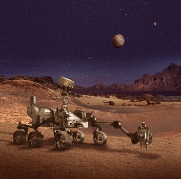 Illustration of Perseverance rover exploring the Planet Mars rocky landscape. Some elements furnished by NASA.