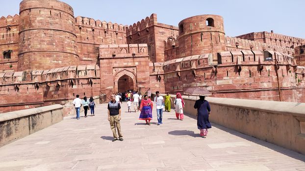 Orchha Fort agra fort Jahangir Mahal a pink sandstone fortification Palace of moghuls emperor Mahal-e-Jahangir a citadel and garrison and unesco heritage site and ancient ruins Agra India May 2019