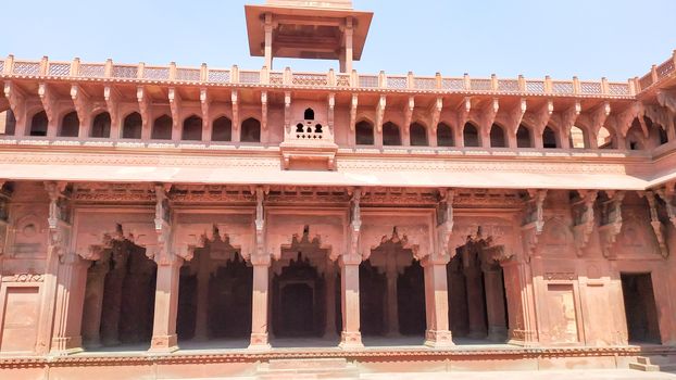 Orchha Fort agra fort Jahangir Mahal a pink sandstone fortification Palace of moghuls emperor Mahal-e-Jahangir a citadel and garrison and unesco heritage site and ancient ruins Agra India May 2019