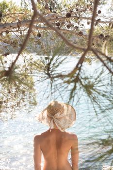 Rear view of topless beautiful woman wearing nothing but straw sun hat realaxing on wild coast of Adriatic sea on a beach in shade of pine tree. Relaxed healthy lifestyle concept.