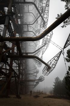 Large antenna complex in the mist closeup photo