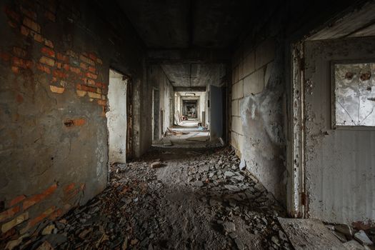 Abandoned corridor in Pripyat Hospital, Chernobyl Exclusion Zone 2019 angle shot