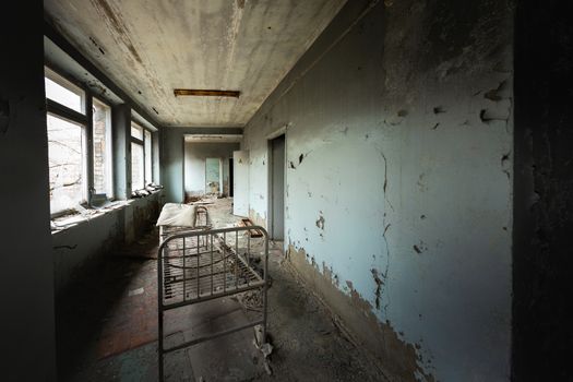 Abandoned hallway of Pripyat Hospital, Chernobyl Excusion zone 2019 closeup