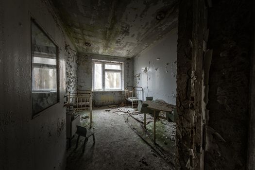 Deserted Hospital room in Pripyat, Chernobyl Excusion Zone 2019 angle shot