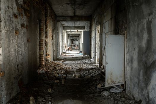 Abandoned hallway of Pripyat Hospital, Chernobyl Excusion zone 2019 angle shot
