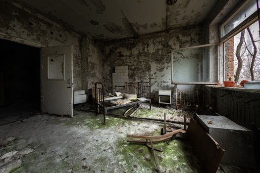 Deserted Hospital room in Pripyat, Chernobyl Excusion Zone 2019 angle shot