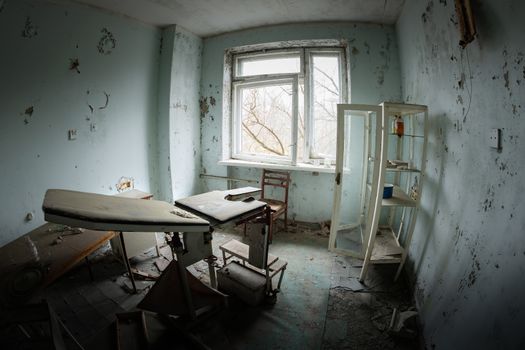 Deserted Hospital room in Pripyat, Chernobyl Excusion Zone 2019 angle shot