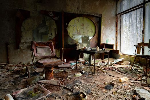 Abandoned Barber saloon in Pripyat, Chernobyl Exclusion Zone 2019 closeup