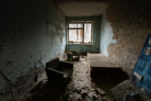 Deserted Hospital room in Pripyat, Chernobyl Excusion Zone 2019 angle shot