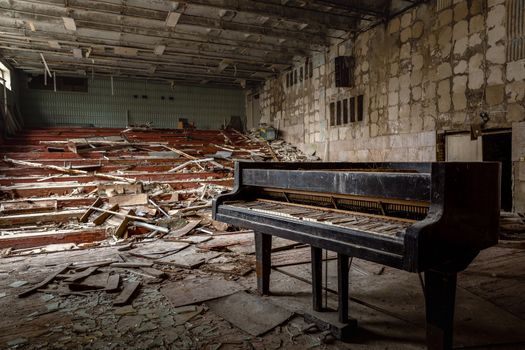 Large abandoned music hall in Pripyat, Chernobyl Exclusion Zone 2019 closeup