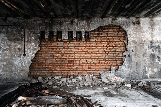 Abandoned damaged building wall closeup photo