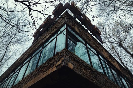 Abandoned building exterior in the city of Pripyat 2019 closeup