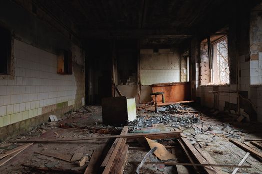 Abandoned and messy room in ghost town angle shot