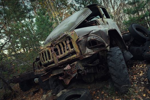 Abandoned truck left outside at Chernobyl Fire station closeup