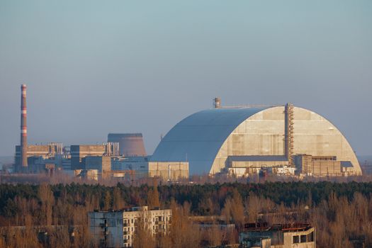 Chernobyl Nuclear power plant 2019 under blue sky