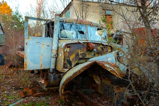 Abandoned truck left outside at Chernobyl Fire station closeup