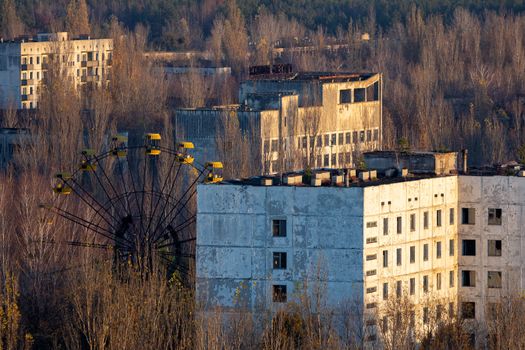 PRIPYAT,CHERNOBYL / UKRAINE - November 10, 2019 : Abandoned cityscape in Pripyat, Chernobyl Exclusion Zone closeup