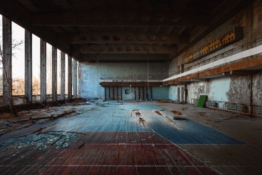 Abandoned sport room in Pripyat city, Chernobyl Exclusion Zone 2019 angle shot