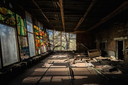 Large windows in Pripyat City, Chernobyl Exclusion Zone 2019 closeup