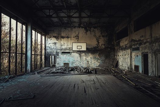 Abandoned sport room in Pripyat city, Chernobyl Exclusion Zone 2019 angle shot