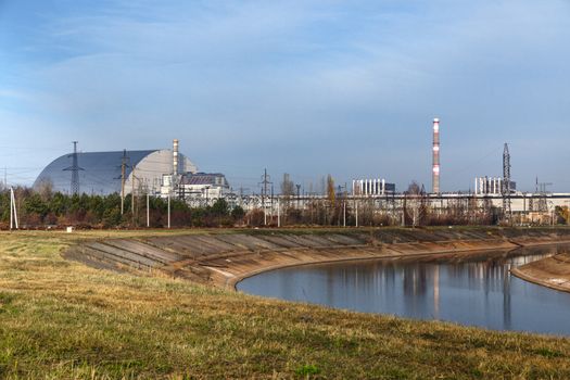 Chernobyl Nuclear power plant 2019 under blue sky