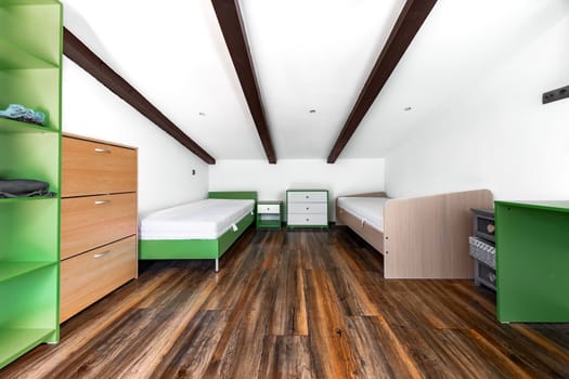 Bedroom in modern building angle shot indoors
